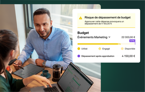 illustration de deux professionnels de la finance avec une fenêtre ouverte sur l'onglet Budgets de la plateforme Payhawk